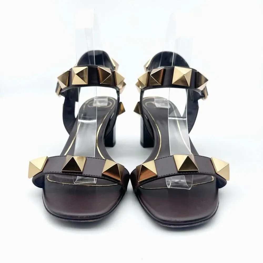 VALENTINO Brown Rockstud Heels Size 37 Sandal Leather Block Heel Ankle Strap